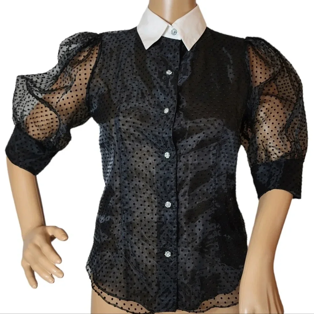 NWT Zara Jewel Button Black Sheer Velvet Dot Puff Sleeve Blouse Top Size Small